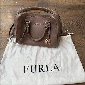 Furla Taupe Brown Dome Satchel with Gold Hardware
